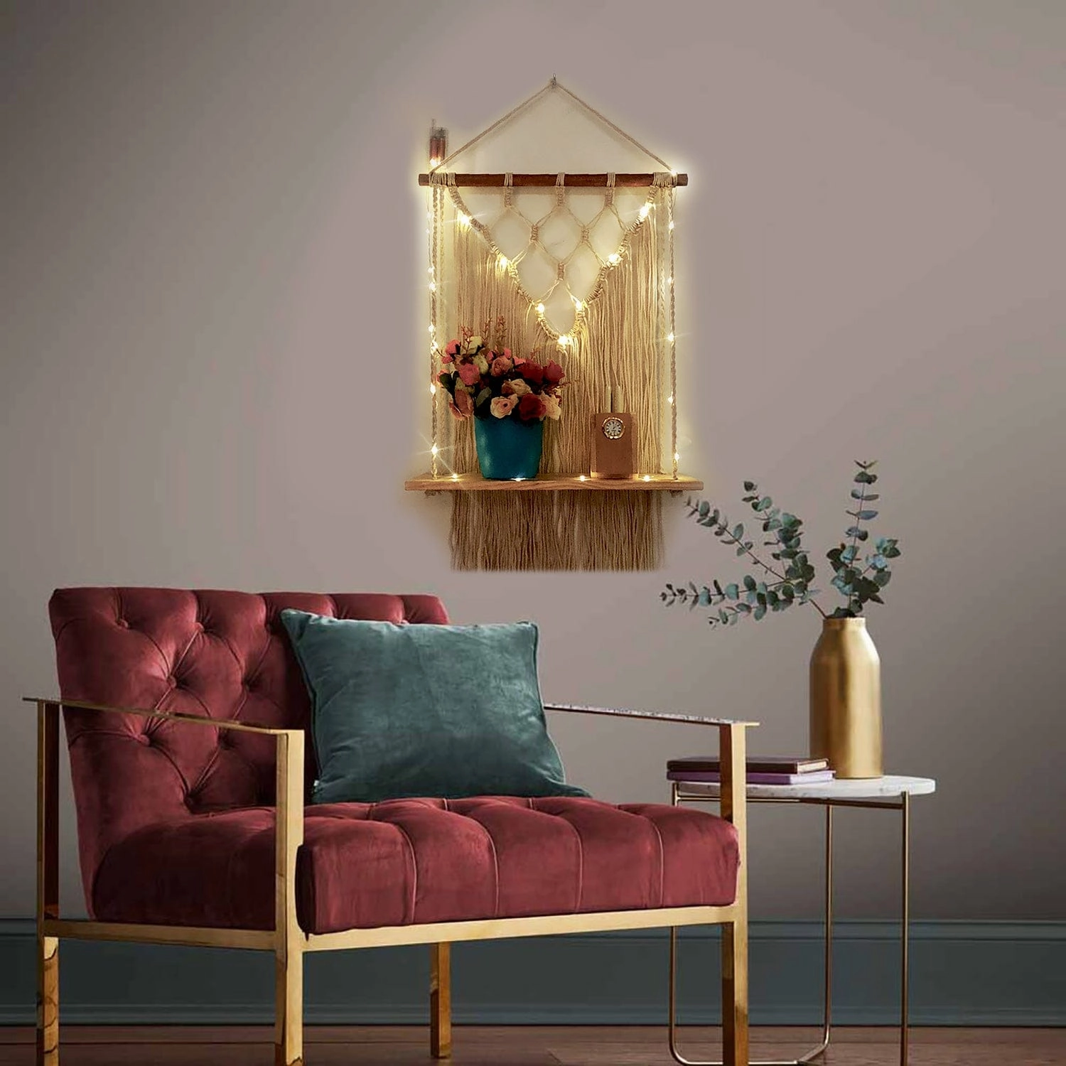 Tier-1 Macrame Wall Hanging Shelf with LED Light