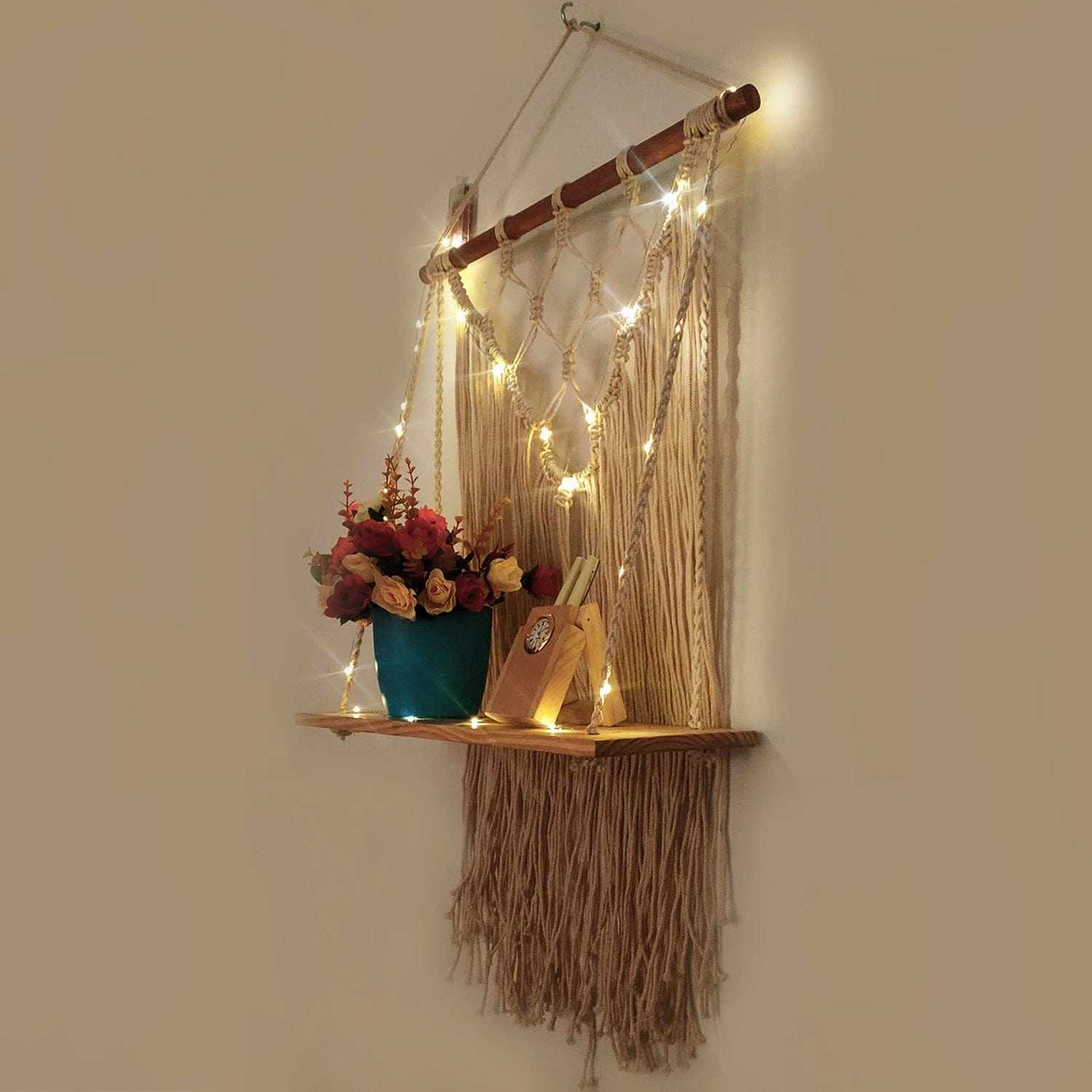 Tier-1 Macrame Wall Hanging Shelf with LED Light