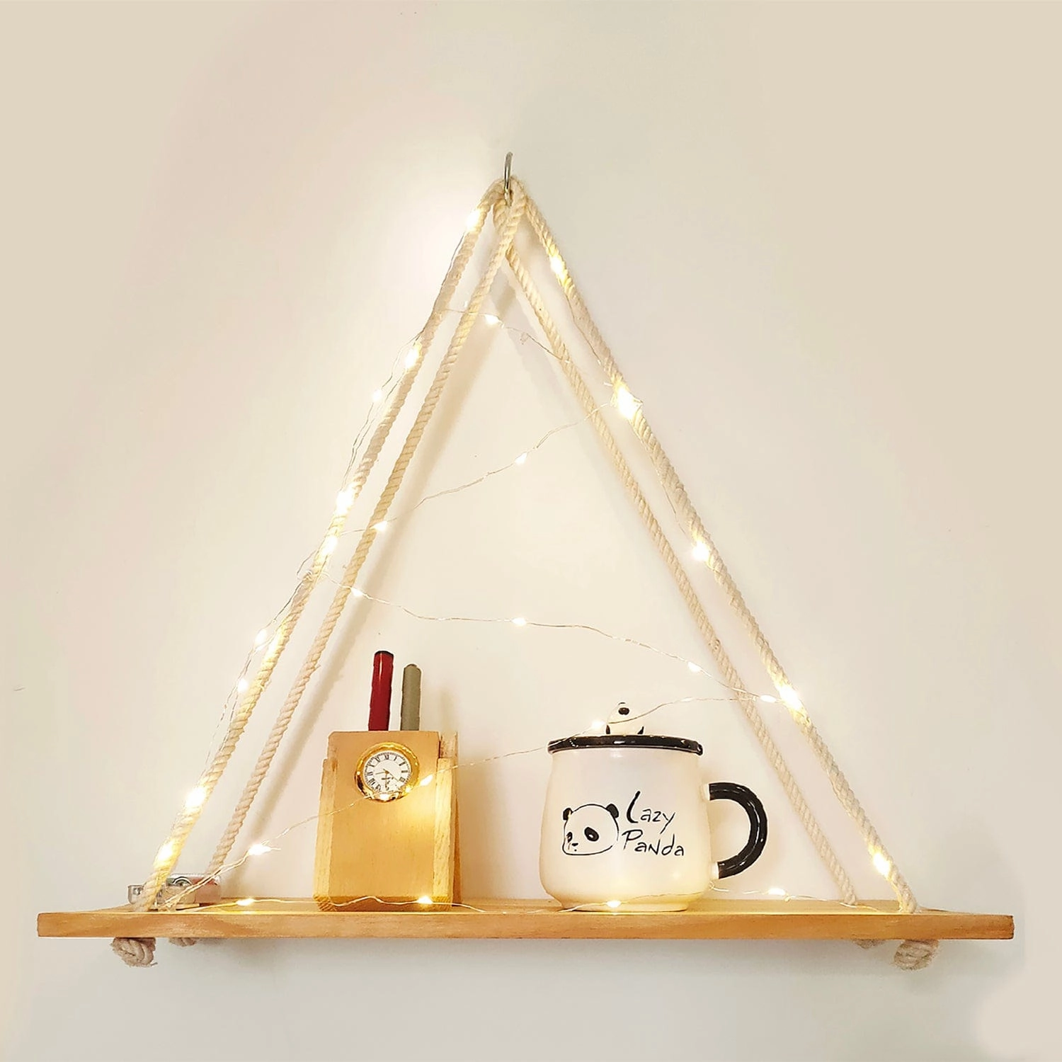 Tier-1 Pine Wood Floating Brown Wall Hanging Shelf With LED Light