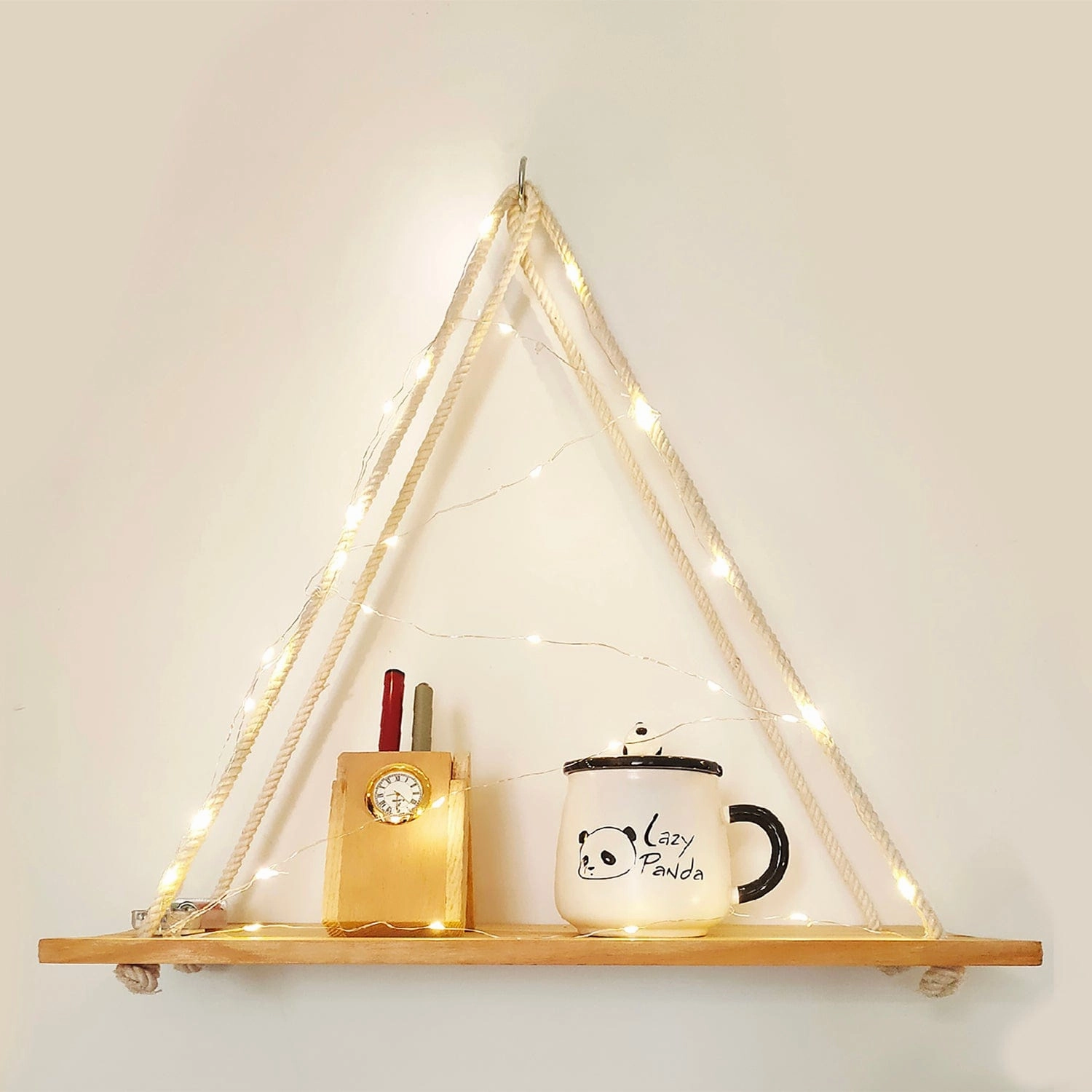 Tier-1 Pine Wood Floating Brown Wall Hanging Shelf With LED Light, Set of 2