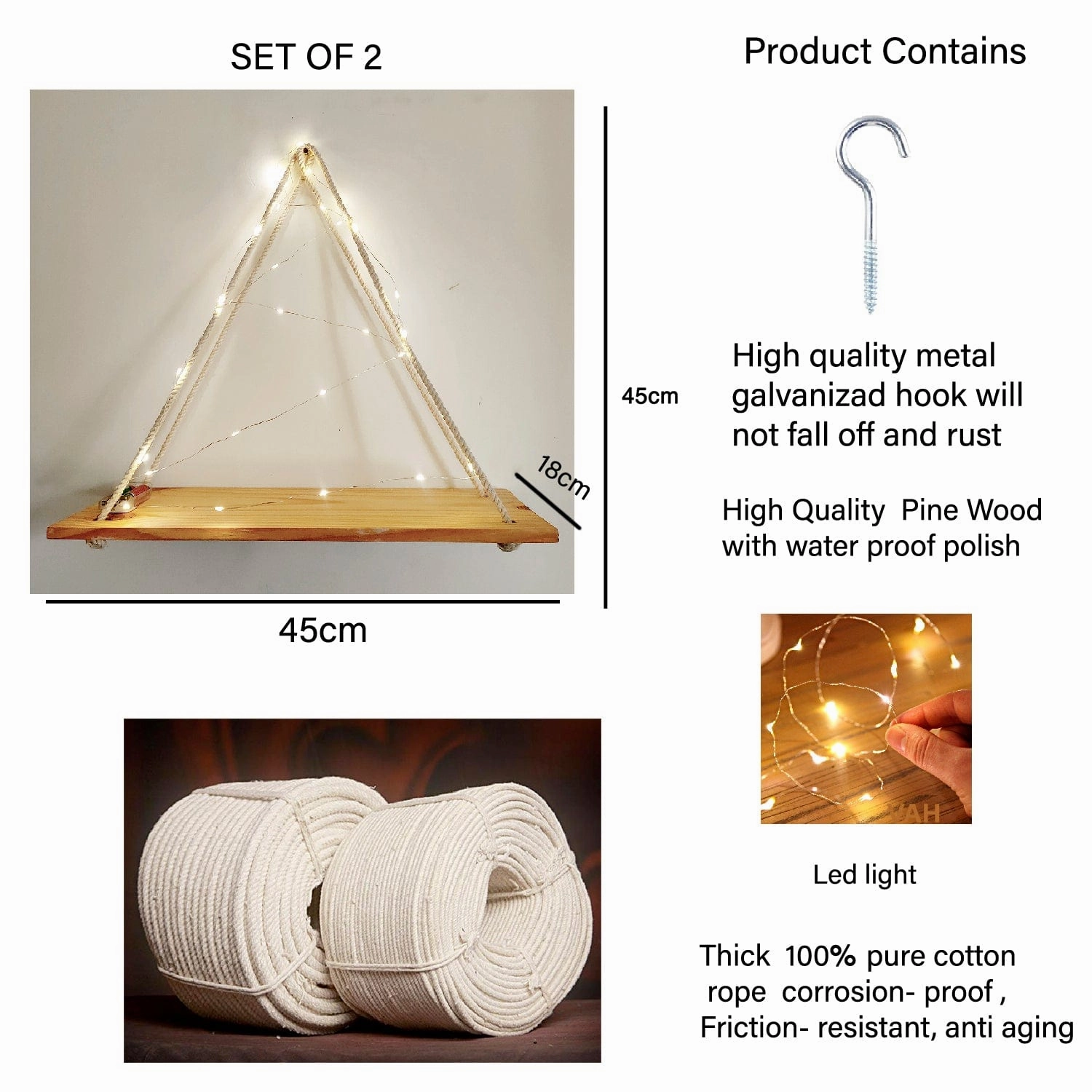 Tier-1 Pine Wood Floating Brown Wall Hanging Shelf With LED Light, Set of 2