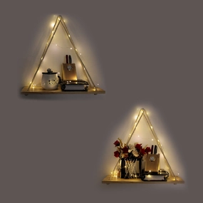 Tier-1 Pine Wood Floating Brown Wall Hanging Shelf With LED Light, Set of 2 cactus succulent plant  