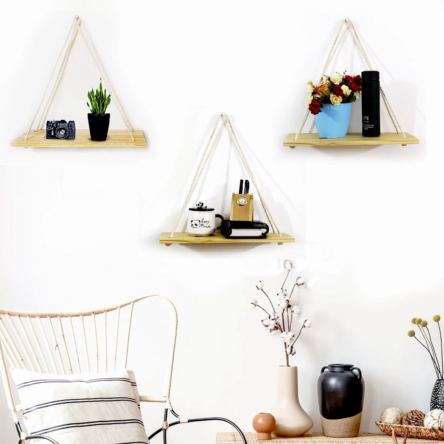 Tier-1 Real Pine Wood Brown Wall Hanging Shelf
