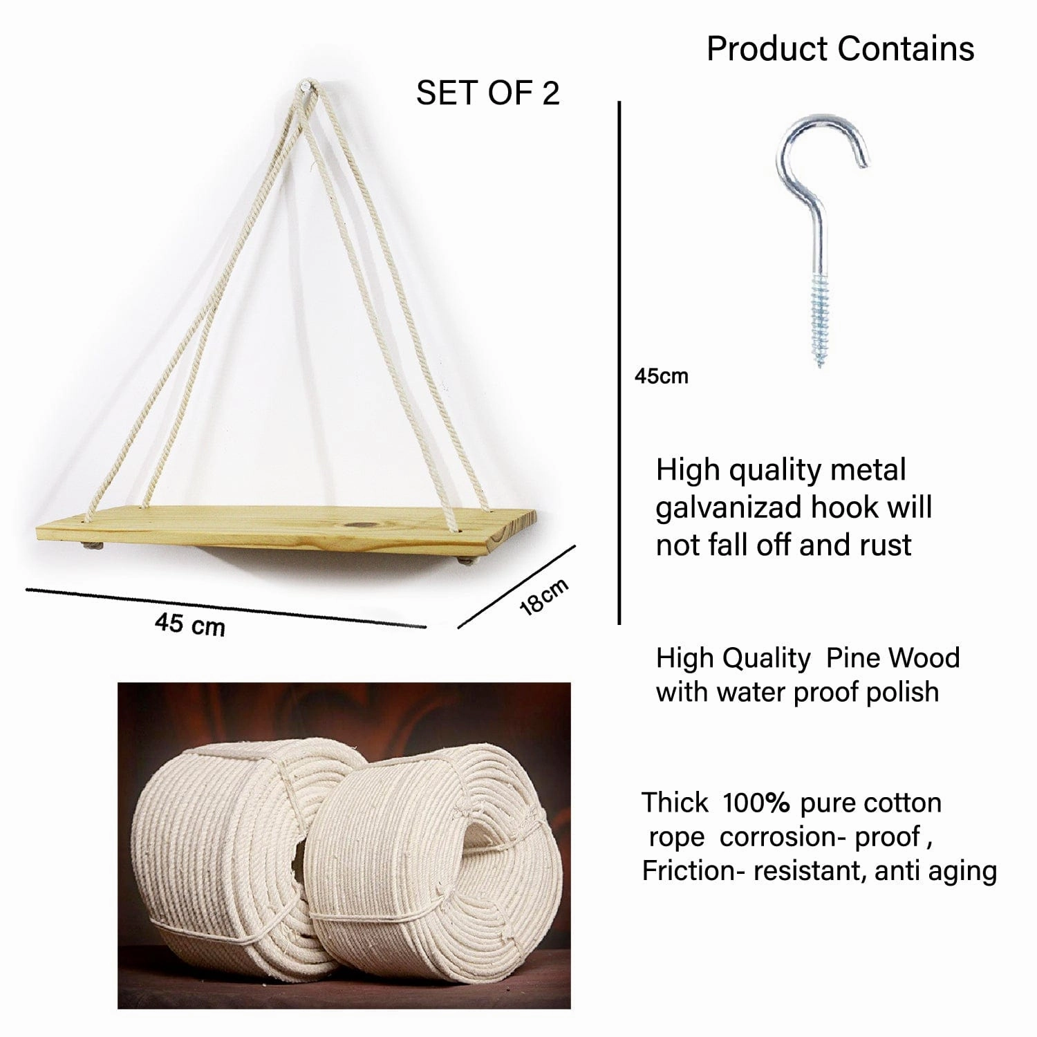 Tier-1 Real Pine Wood Brown Wall Hanging Shelf