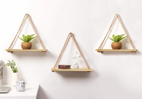 Tier-1 Real Pine Wood Floating Wall Mounting Shelves With Rope, Set of 3 cactus succulent plant  