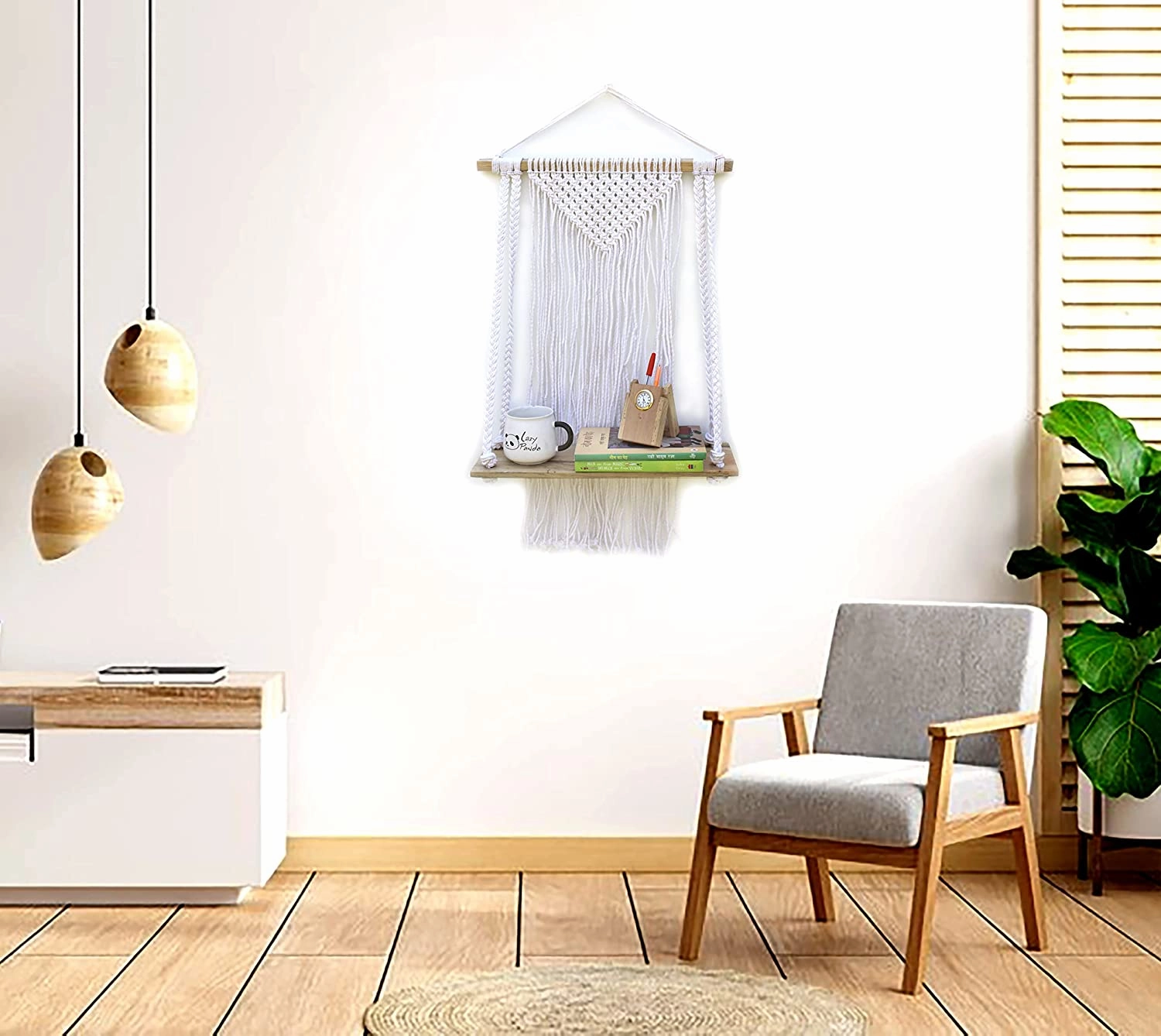 Tier-1 White Macrame Design with Jute Rope Floating Wall Shelf