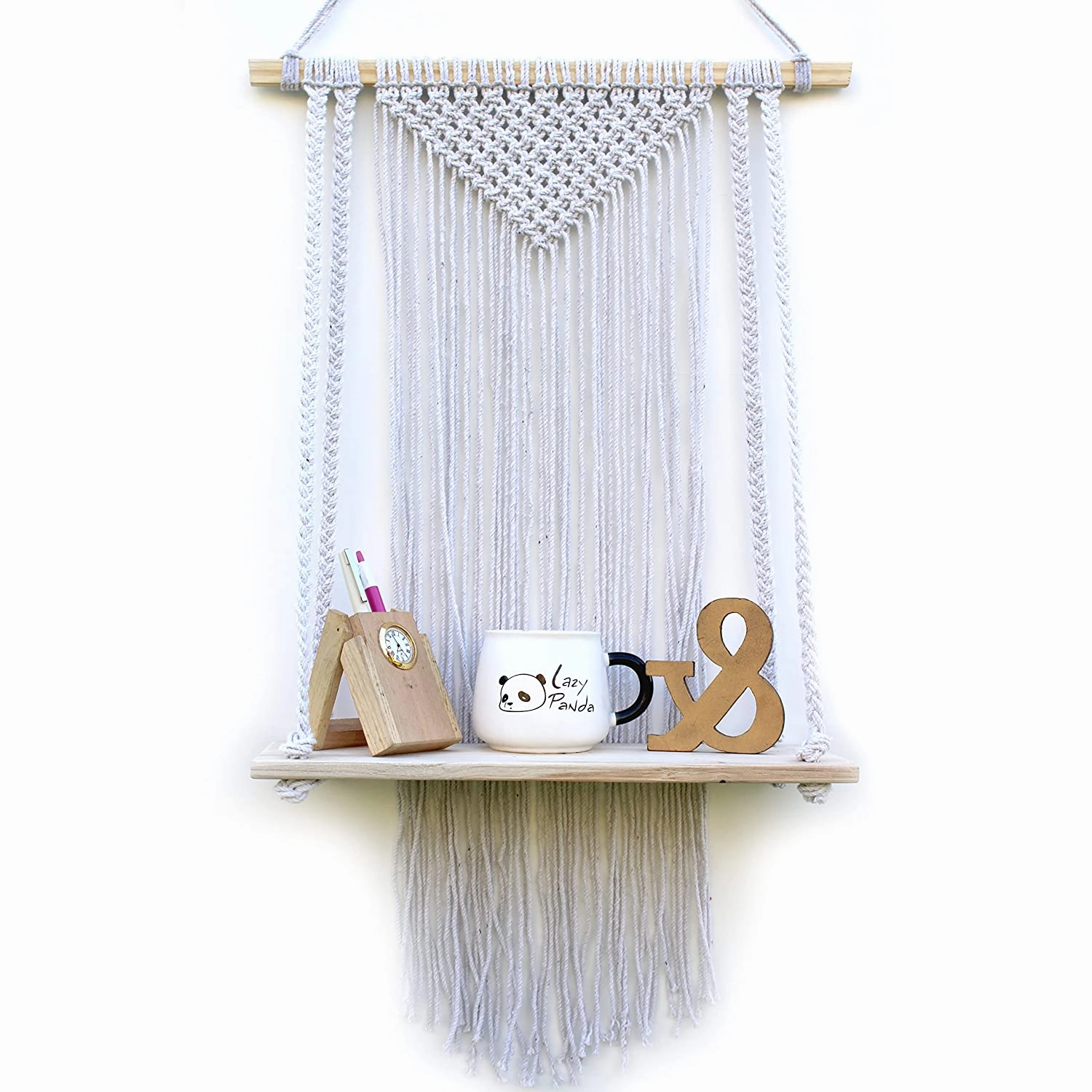 Tier-1 White Macrame Design with Jute Rope Floating Wall Shelf