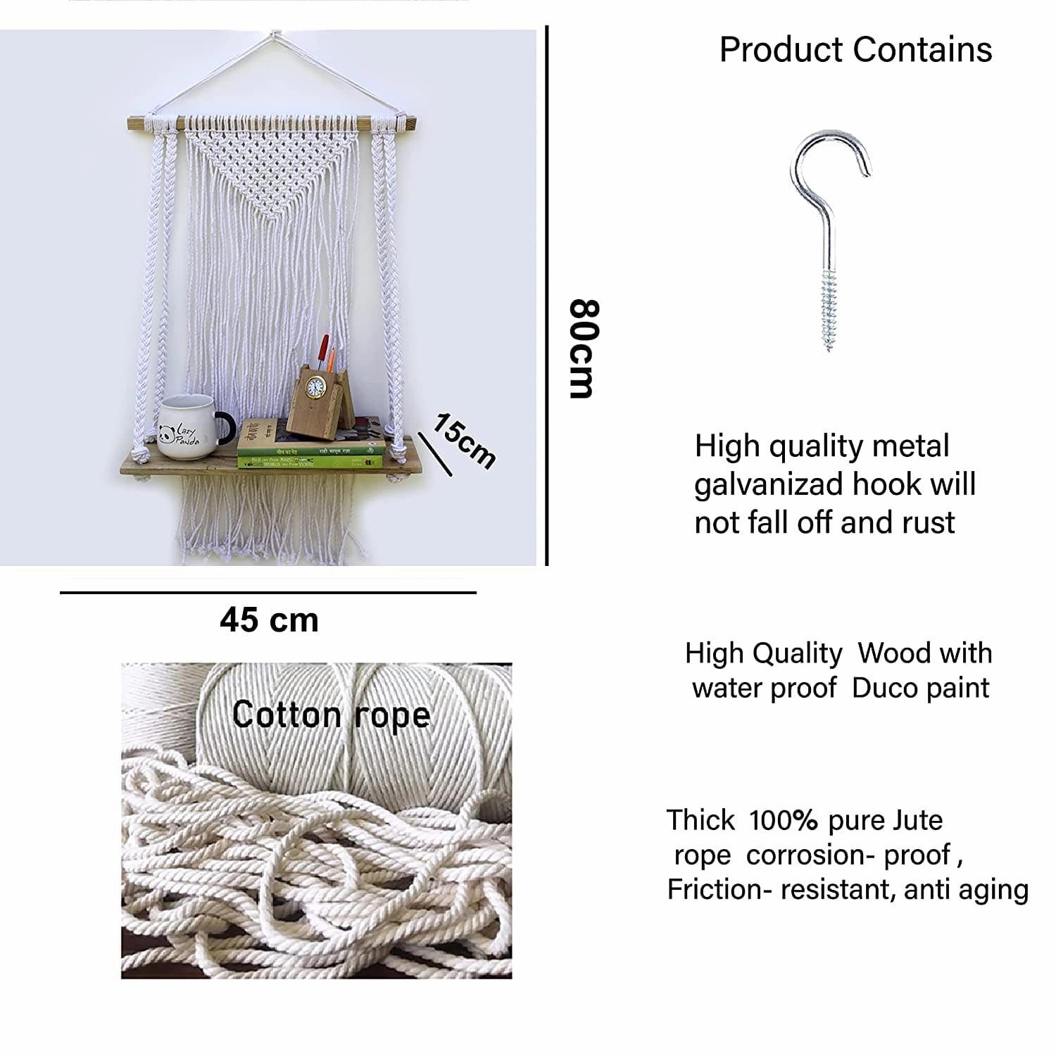 Tier-1 White Macrame Design with Jute Rope Floating Wall Shelf
