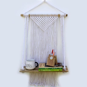 Tier-1 White Macrame Design with Jute Rope Floating Wall Shelf cactus succulent plant  