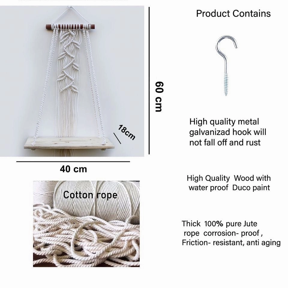 Tier-1 White Macrame Leaves Design Wall Hanging Floating Wall Shelf