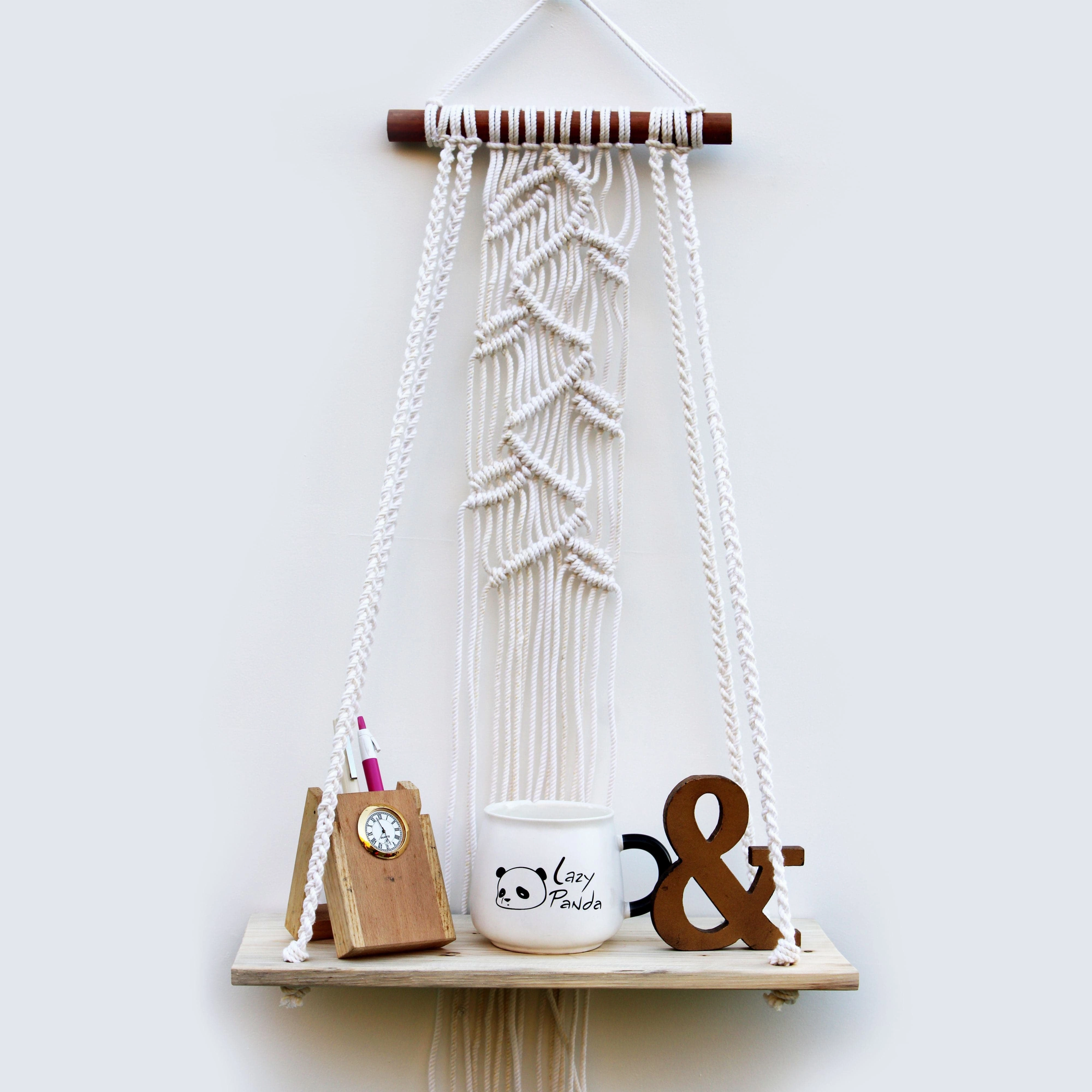 Tier-1 White Macrame Leaves Design Wall Hanging Floating Wall Shelf