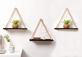 Tier-1 Wood Black Floating Shelves With Plain Rope, Set of 3 cactus succulent plant  