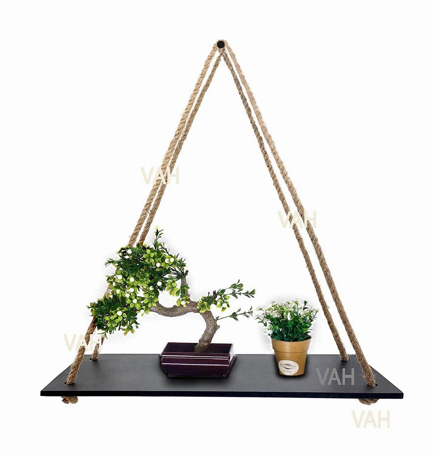 Tier-1 Wood Black Floating Shelves With Plain Rope, Set of 3