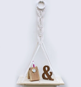 Tier-1 Wood Distressed Macrame Chain Design Floating Wall Shelf cactus succulent plant  