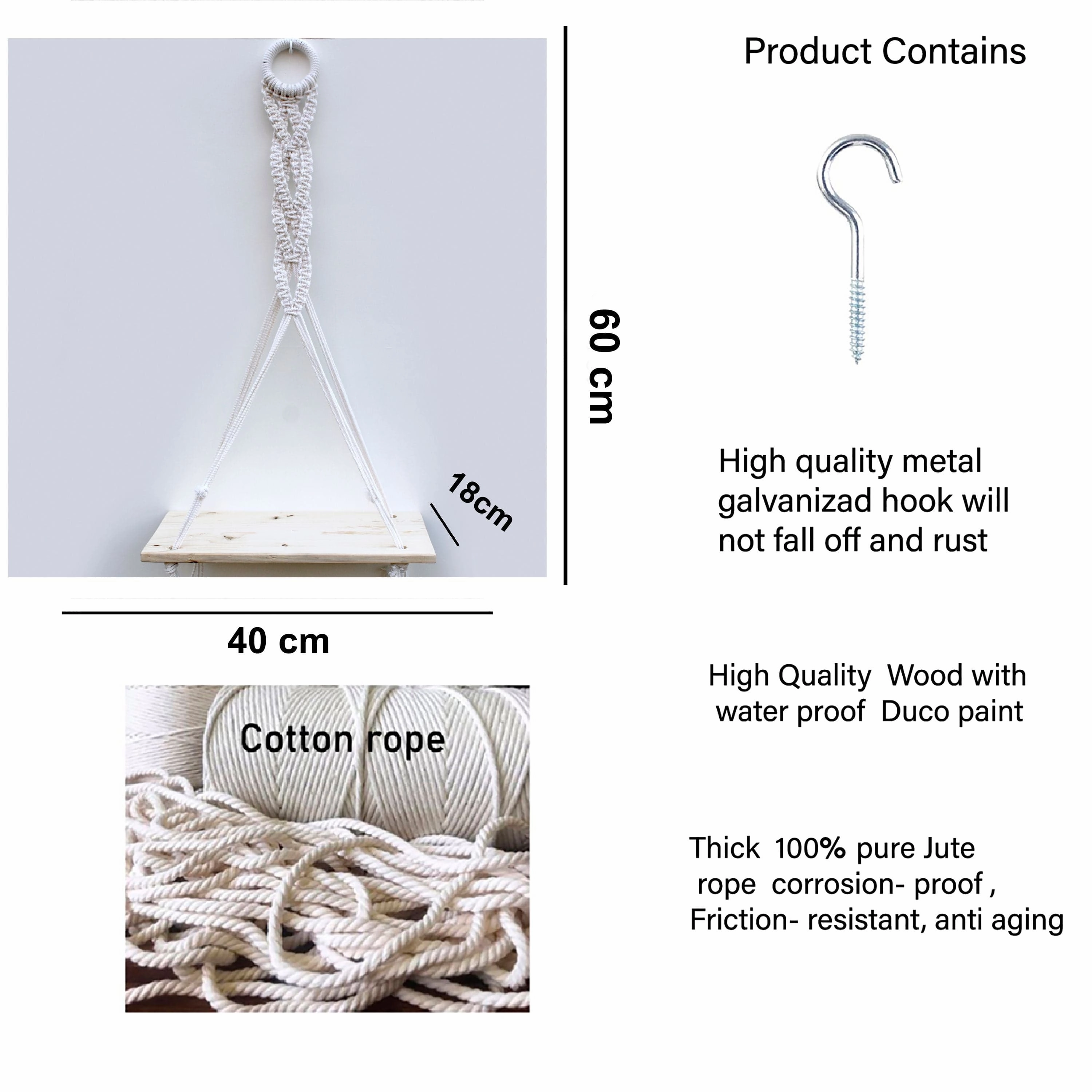 Tier-1 Wood Distressed Macrame Chain Design Floating Wall Shelf