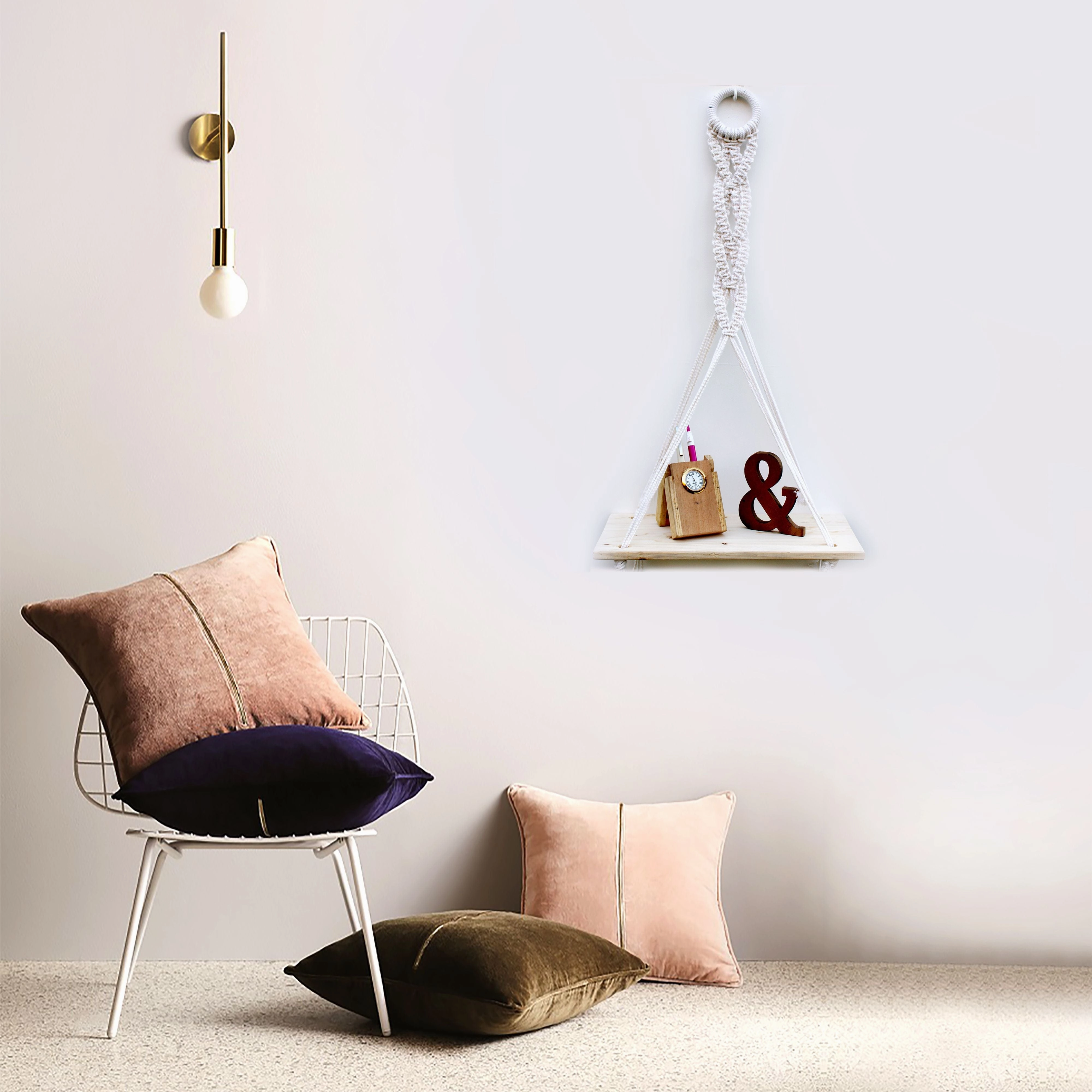 Tier-1 Wood Distressed Macrame Chain Design Floating Wall Shelf