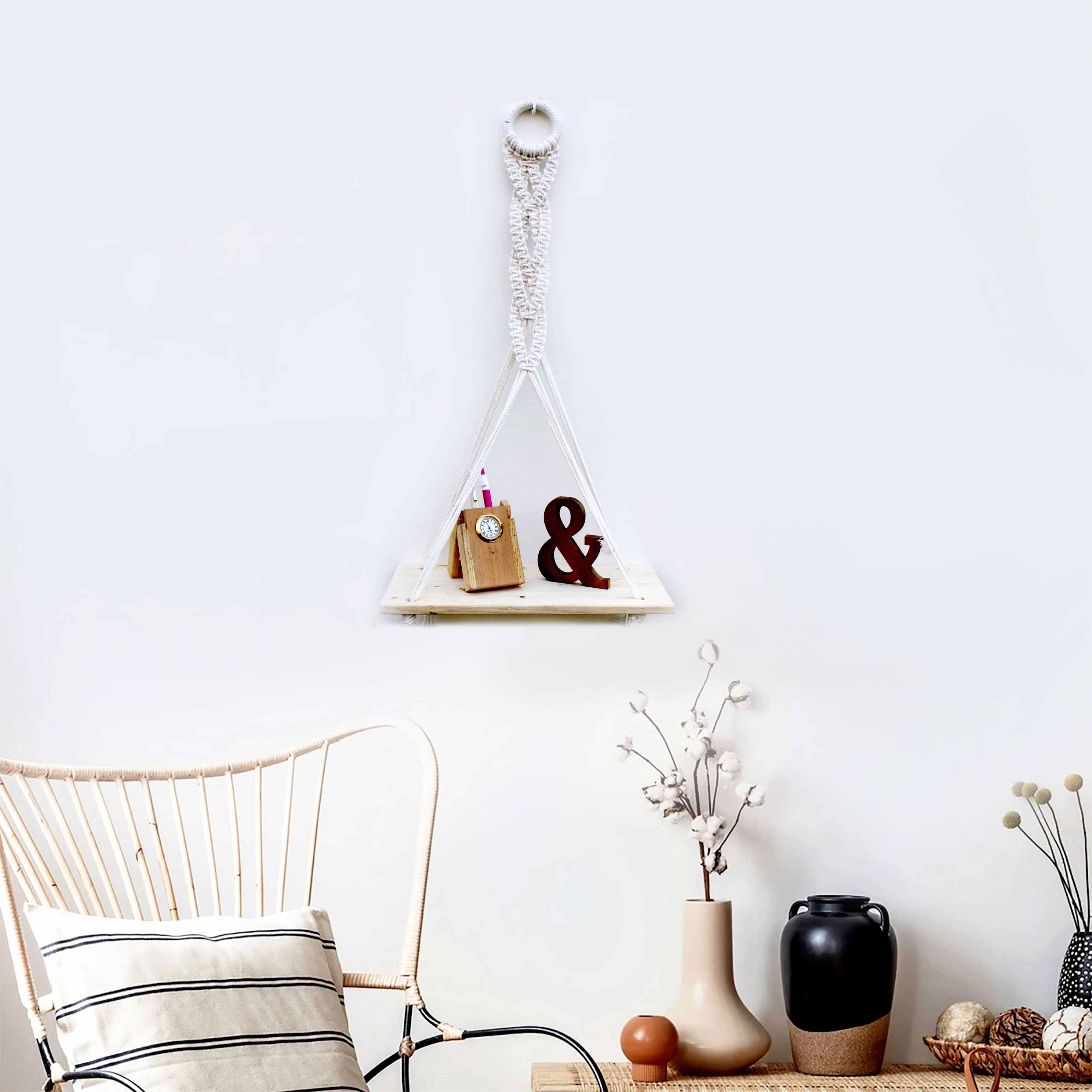 Tier-1 Wood Distressed Macrame Chain Design Floating Wall Shelf