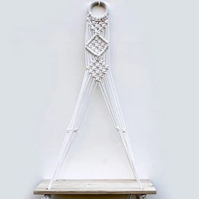 Tier-1 Wood Distressed Macrame Diamond Design Floating Wall Shelf cactus succulent plant  