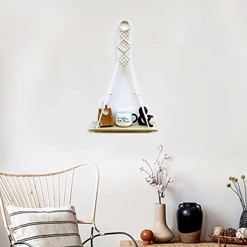 Tier-1 Wood Distressed Macrame Diamond Design Floating Wall Shelf