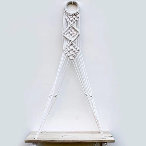 Tier-1 Wood Distressed Macrame Diamond Design Floating Wall Shelf cactus succulent plant  