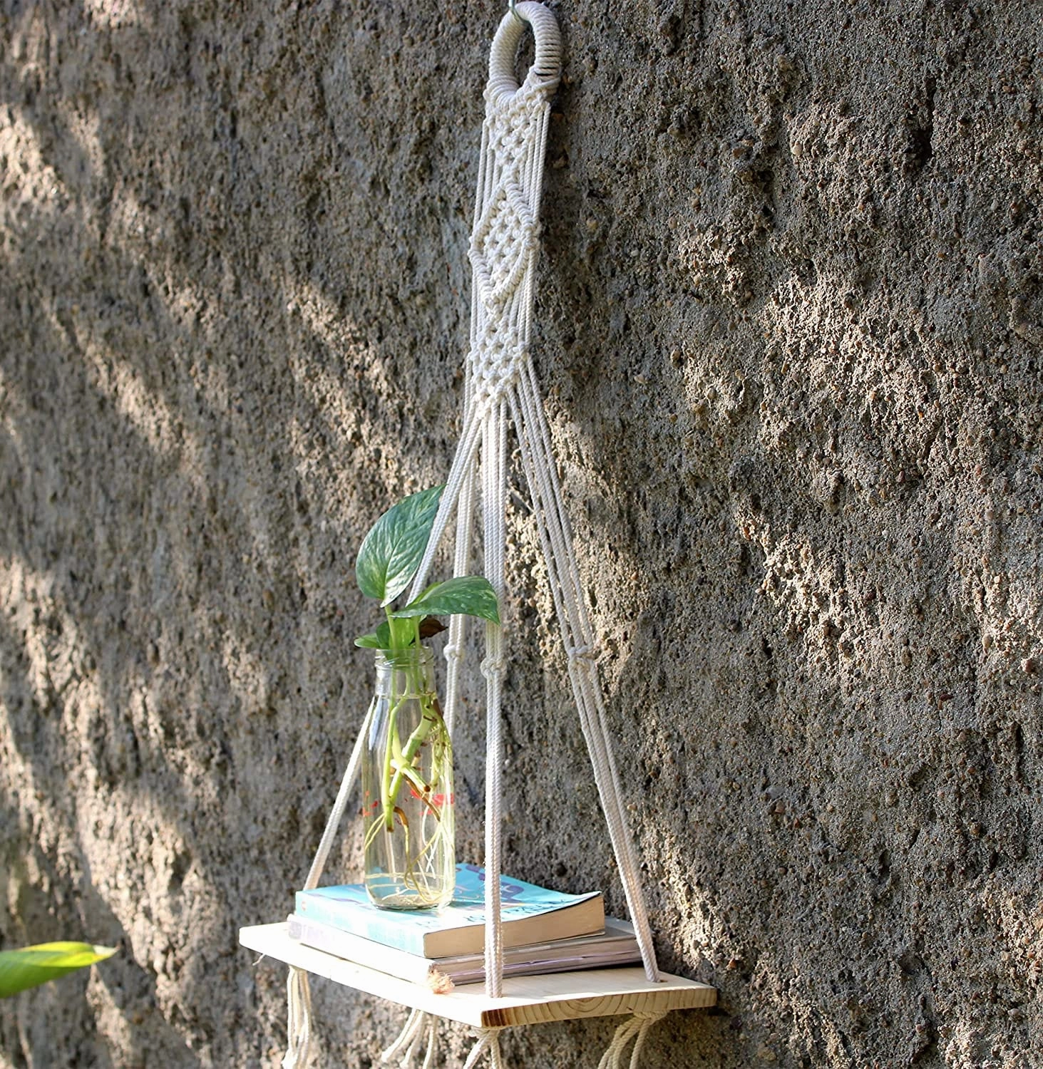 Tier-1 Wood Distressed Macrame Diamond Design Floating Wall Shelf