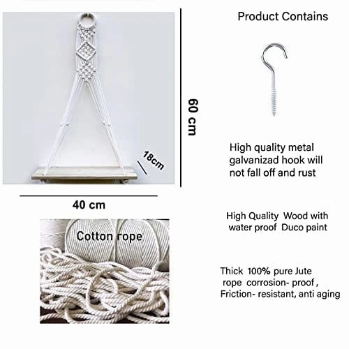 Tier-1 Wood Distressed Macrame Diamond Design Floating Wall Shelf