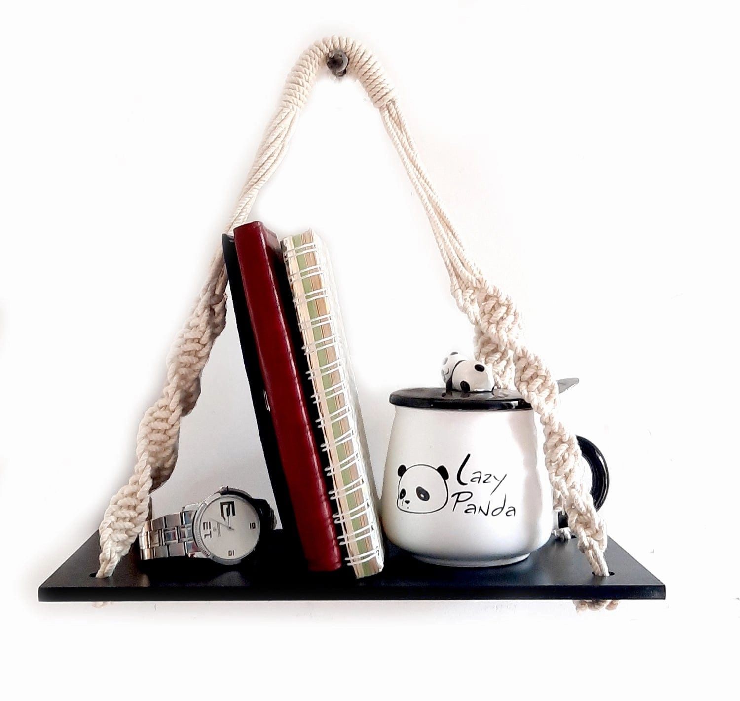 Tier 1 Wood Floating Black Wall Hanging Shelves With Curved Ropes