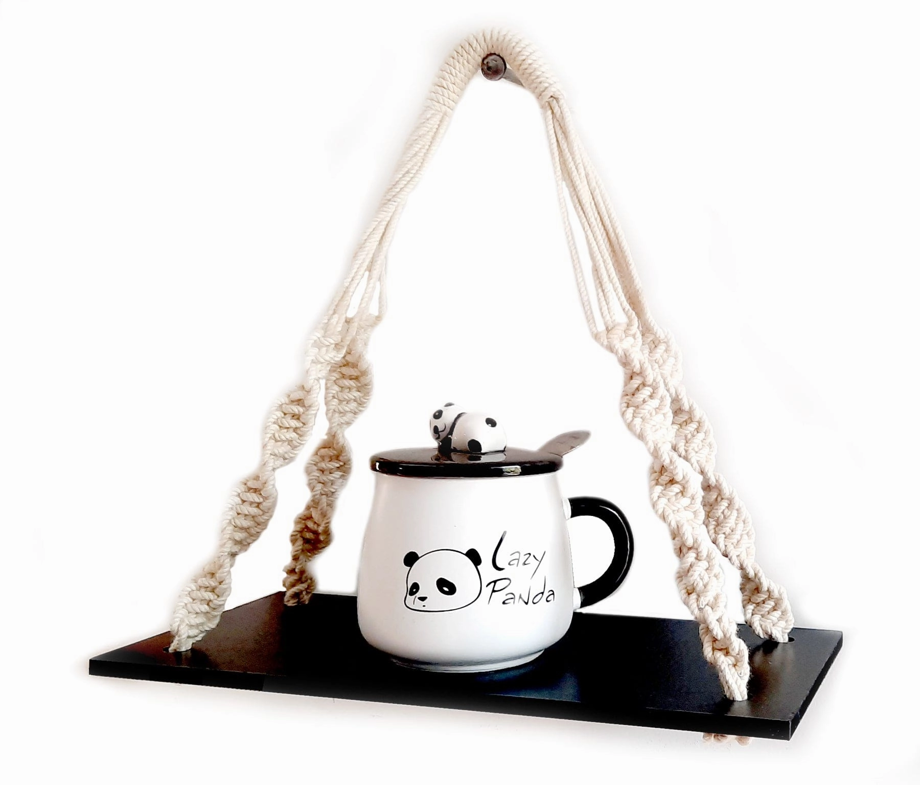 Tier 1 Wood Floating Black Wall Hanging Shelves With Curved Ropes