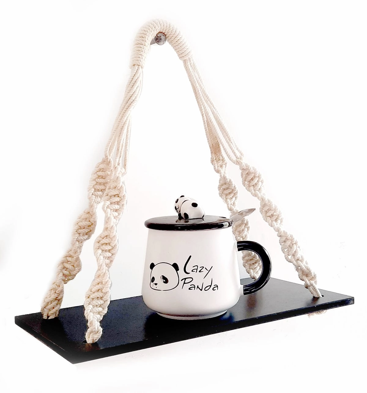 Tier 1 Wood Floating Black Wall Hanging Shelves With Curved Ropes
