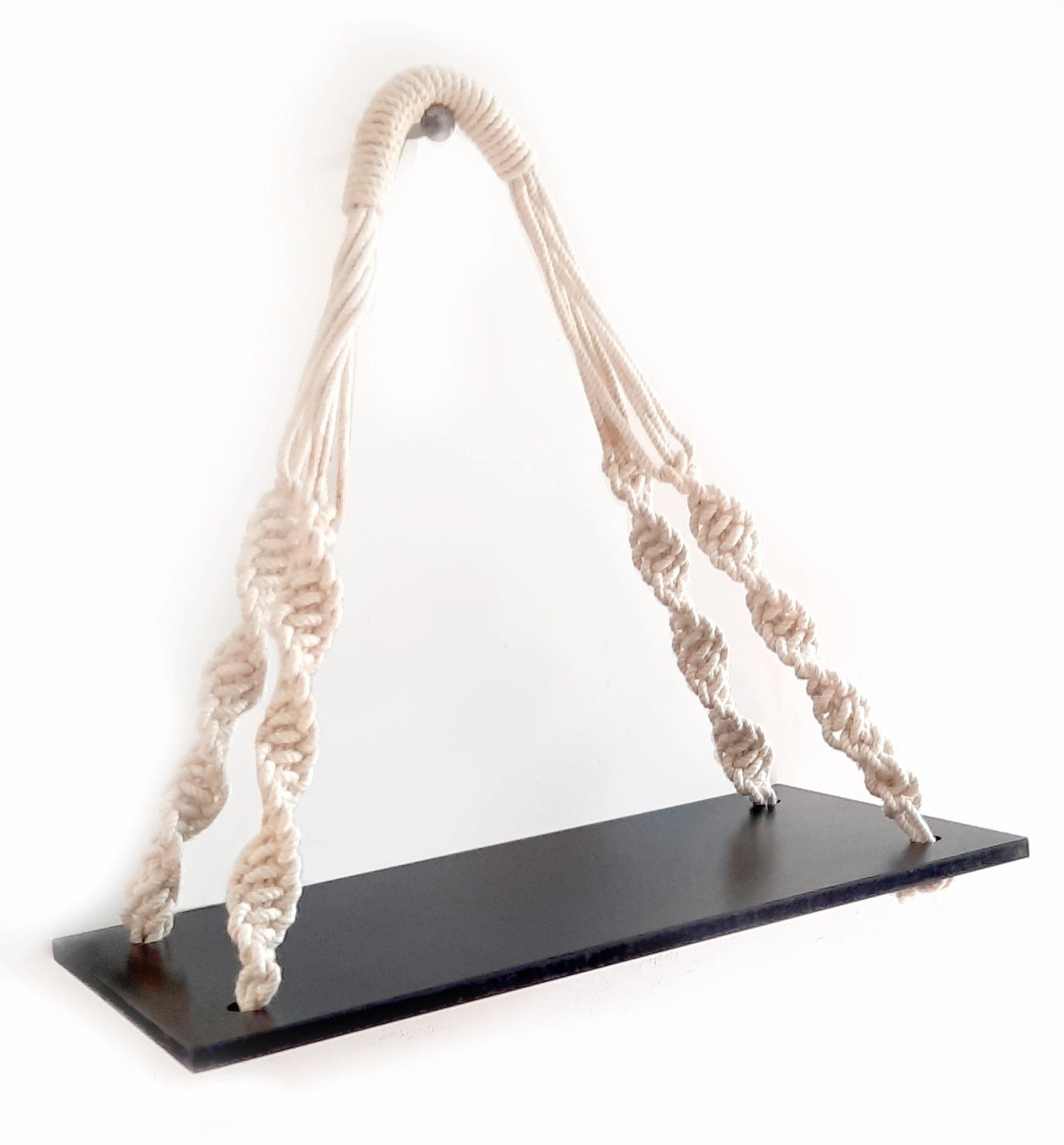 Tier 1 Wood Floating Black Wall Hanging Shelves With Curved Ropes