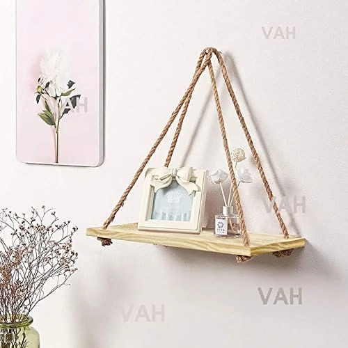 Tier 1 Wood Floating Brown Wall Mounting Shelves With Rope- Set Of 2