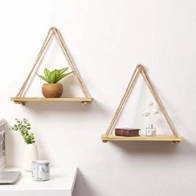 Tier 1 Wood Floating Brown Wall Mounting Shelves With Rope- Set Of 2 cactus succulent plant  