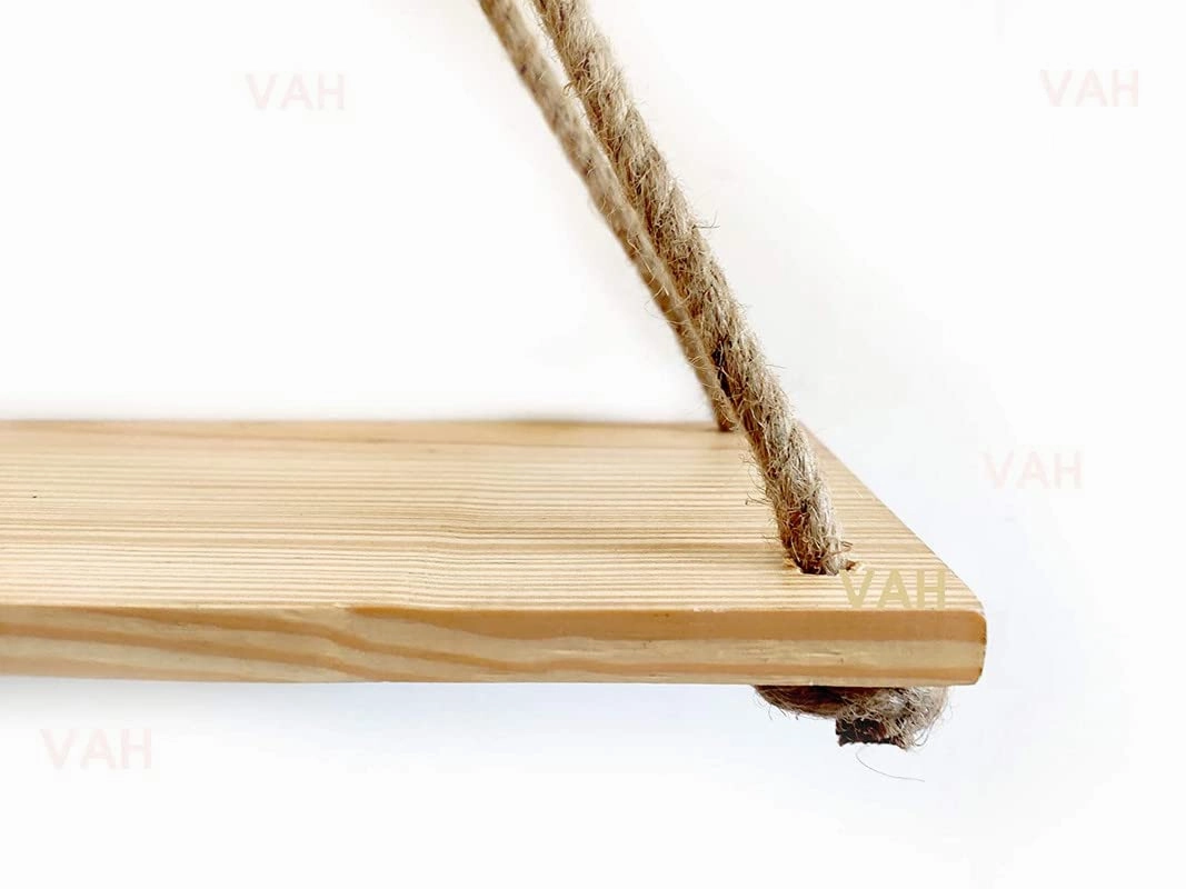 Tier 1 Wood Floating Brown Wall Mounting Shelves With Rope- Set Of 2