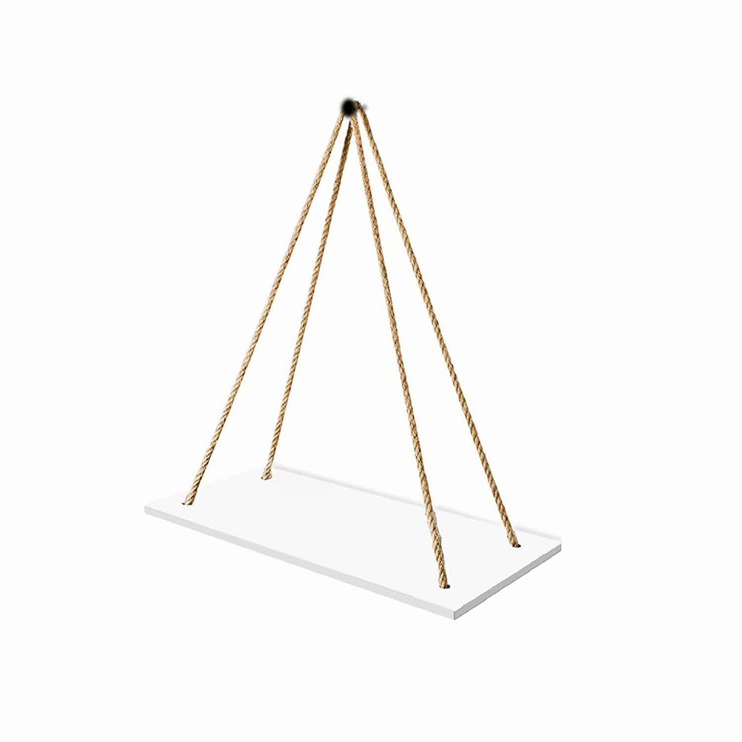 Tier-1 Wood White Wall Hanging Shelves With Rope, Set of 2