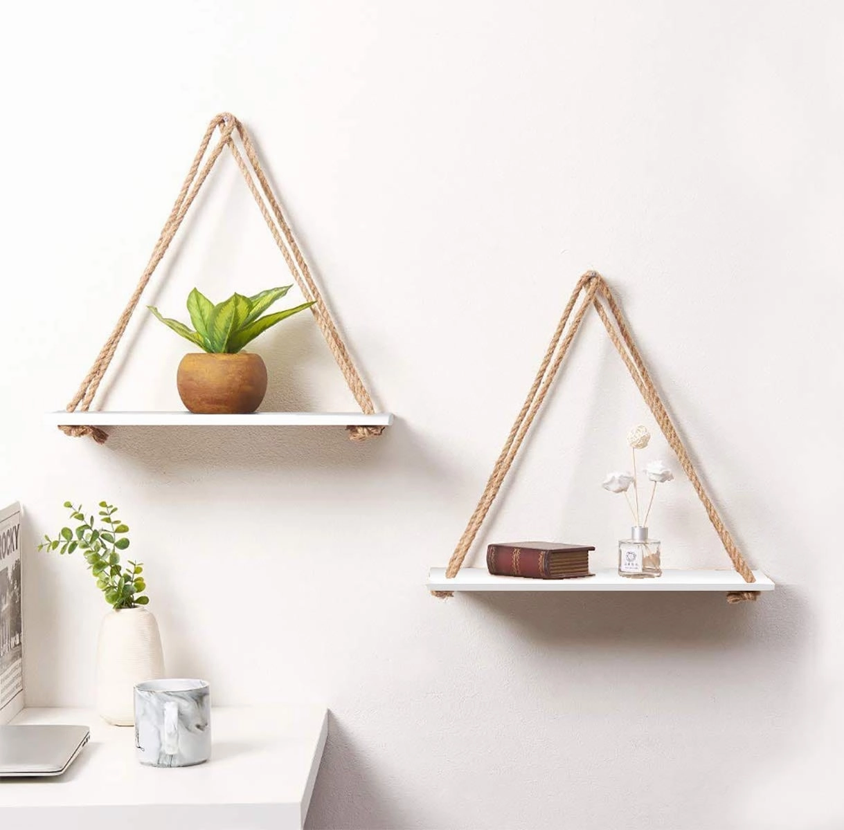 Tier-1 Wood White Wall Hanging Shelves With Rope, Set of 2 cactus succulent plant  