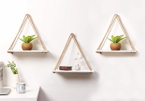 Tier-1 Wood White Wall Hanging Shelves With Rope, Set of 3 cactus succulent plant  