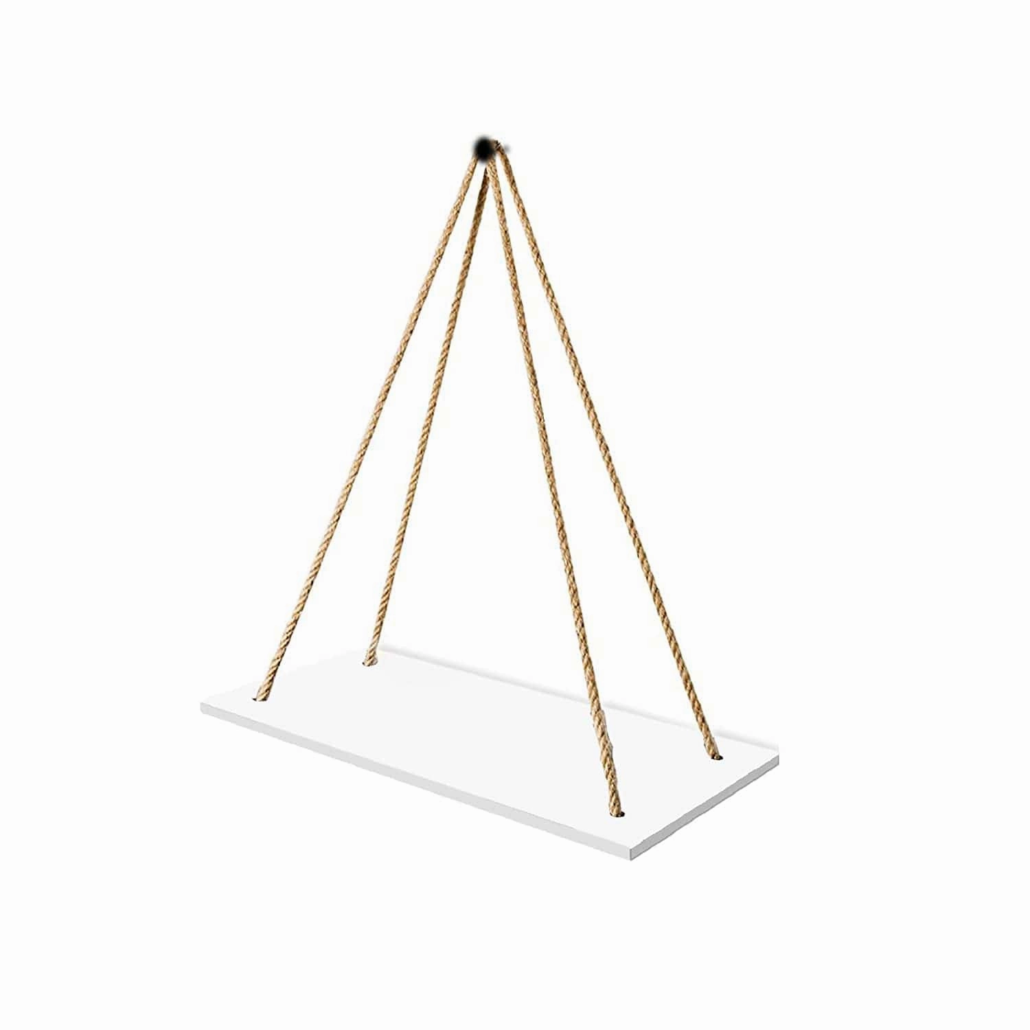 Tier-1 Wood White Wall Hanging Shelves With Rope, Set of 3