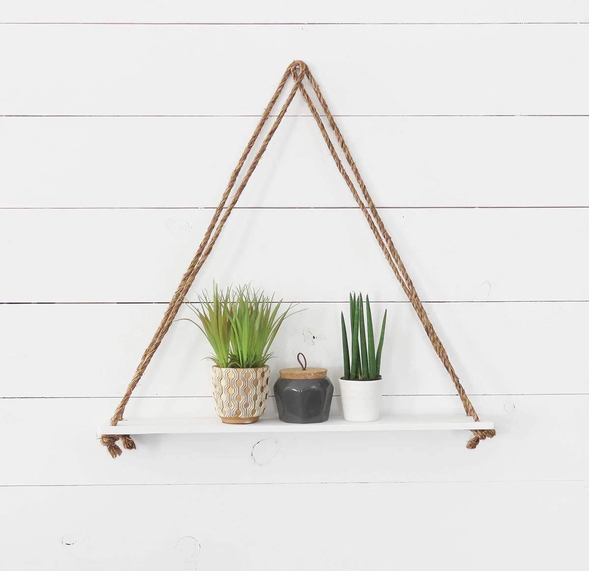 Tier-1 Wood White Wall Hanging Shelves With Rope, Set of 3