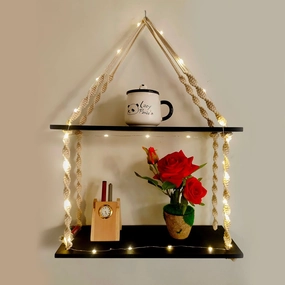 Tier-2 Black Macrame Knotting Wall Hanging Wall Shelf with LED Light cactus succulent plant  
