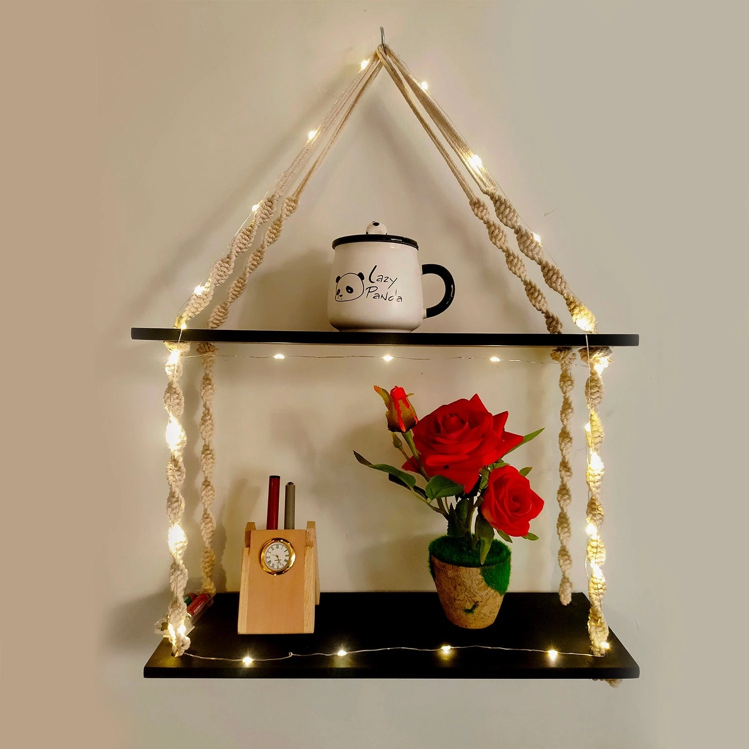 Tier-2 Black Macrame Knotting Wall Hanging Wall Shelf with LED Light cactus succulent plant  