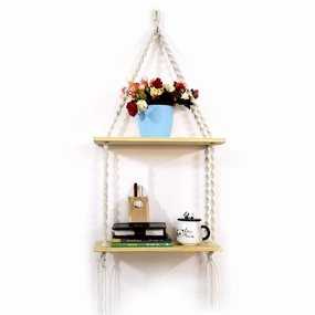 Tier-2 Pine Wood Macrame Brown Wall Hanging Wall Shelf cactus succulent plant  