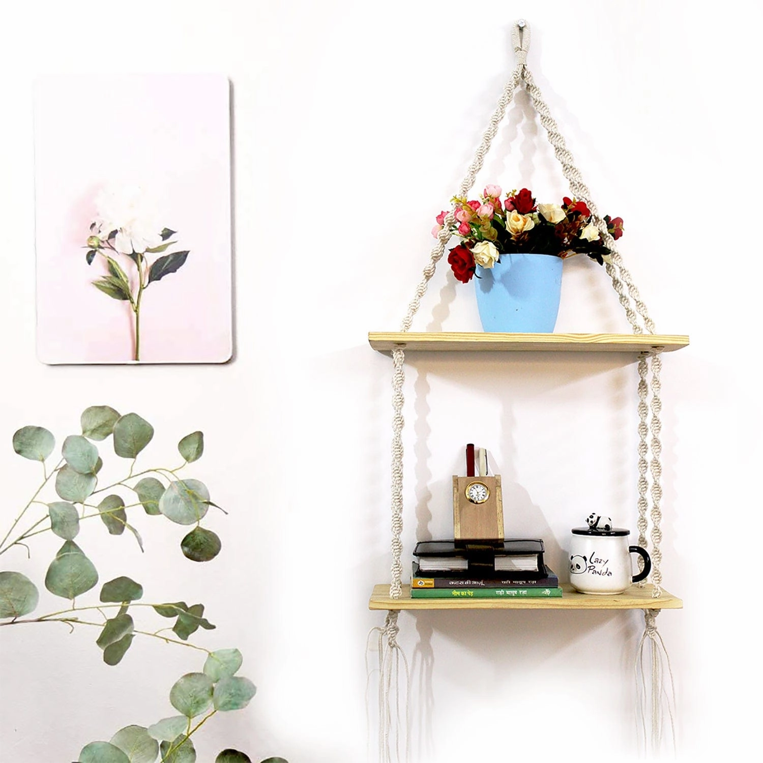 Tier-2 Pine Wood Macrame Brown Wall Hanging Wall Shelf