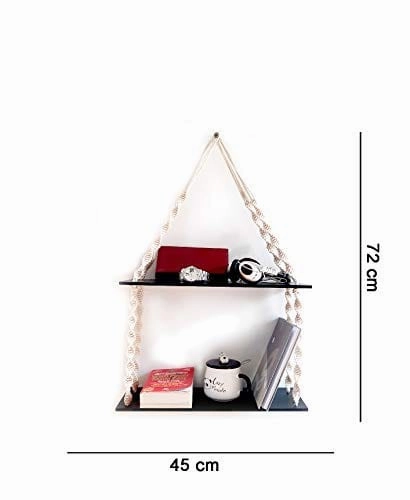 Tier-2 Real Pine Wood Floating Wall Mounting Shelves With Curved Rope