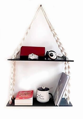 Tier-2 Real Pine Wood Floating Wall Mounting Shelves With Curved Rope cactus succulent plant  