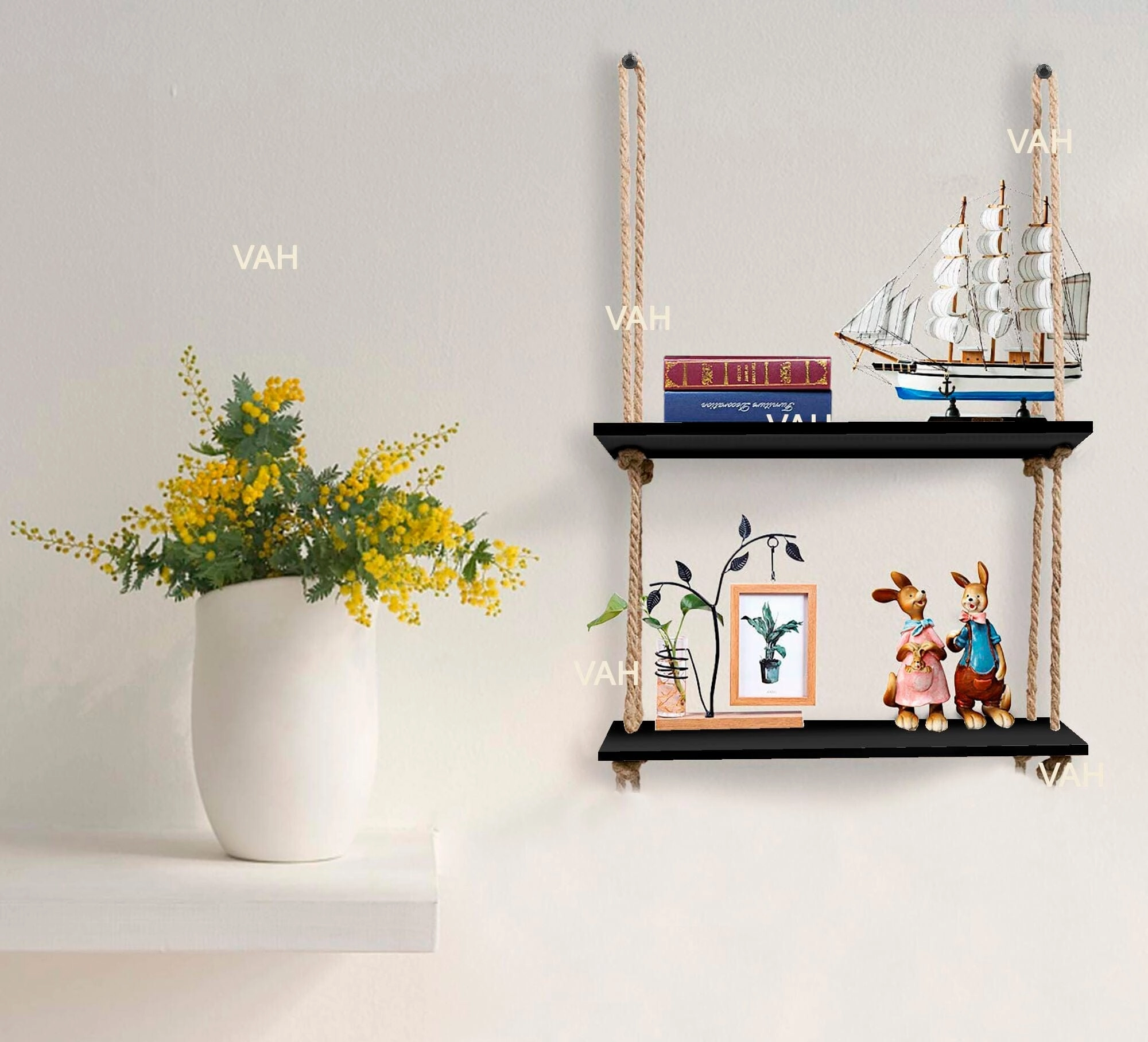 Tier-2 Rectangle Wall Hanging Shelves With Rope