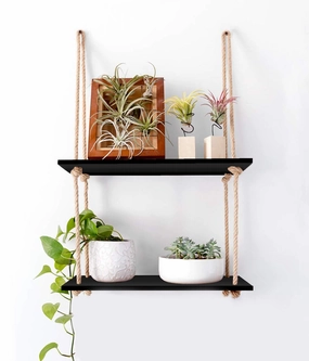 Tier-2 Rectangle Wall Hanging Shelves With Rope cactus succulent plant  