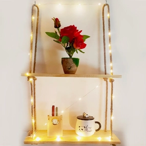 Tier-2 Wood Brown Wall Hanging Shelf With LED Light cactus succulent plant  