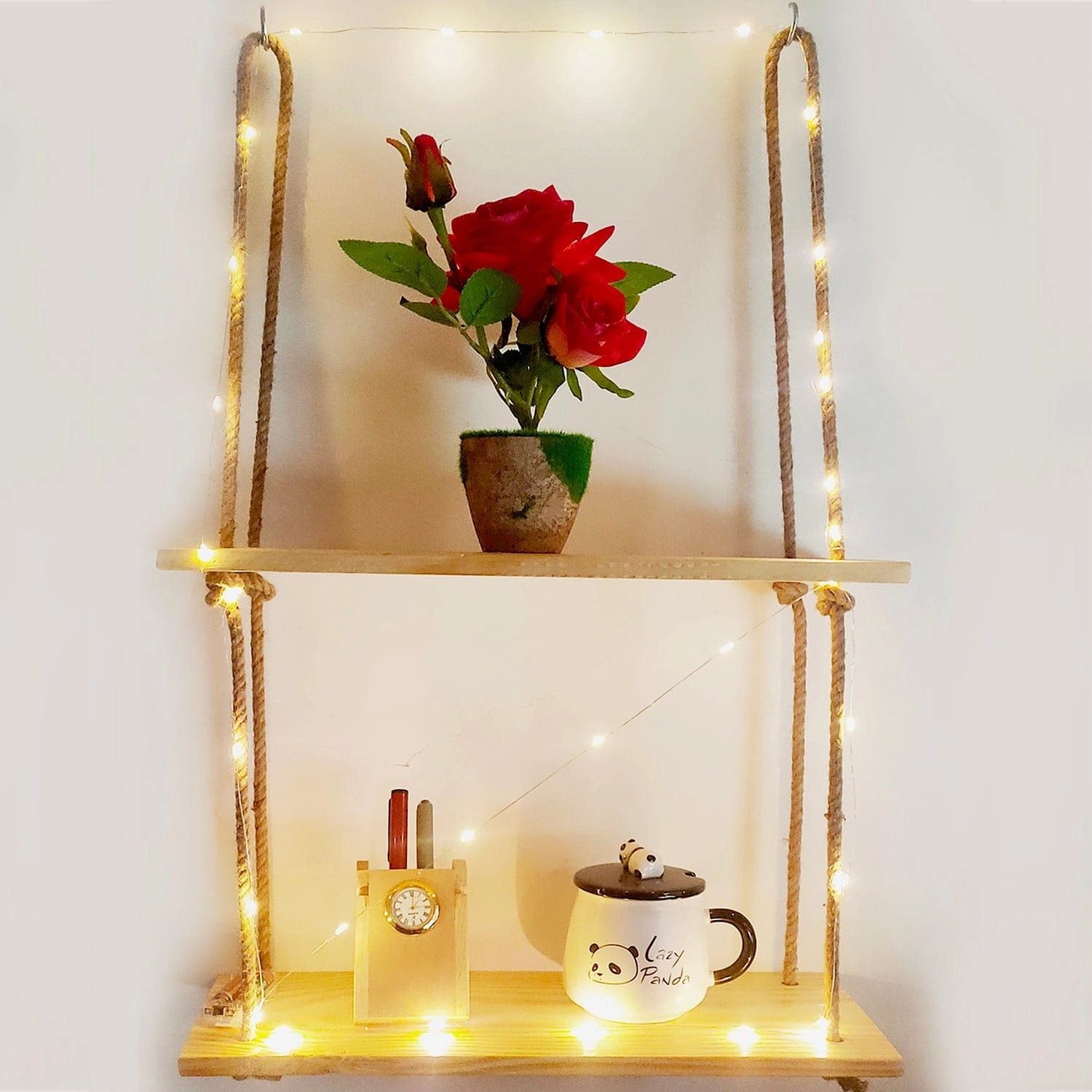Tier-2 Wood Brown Wall Hanging Shelf With LED Light cactus succulent plant  