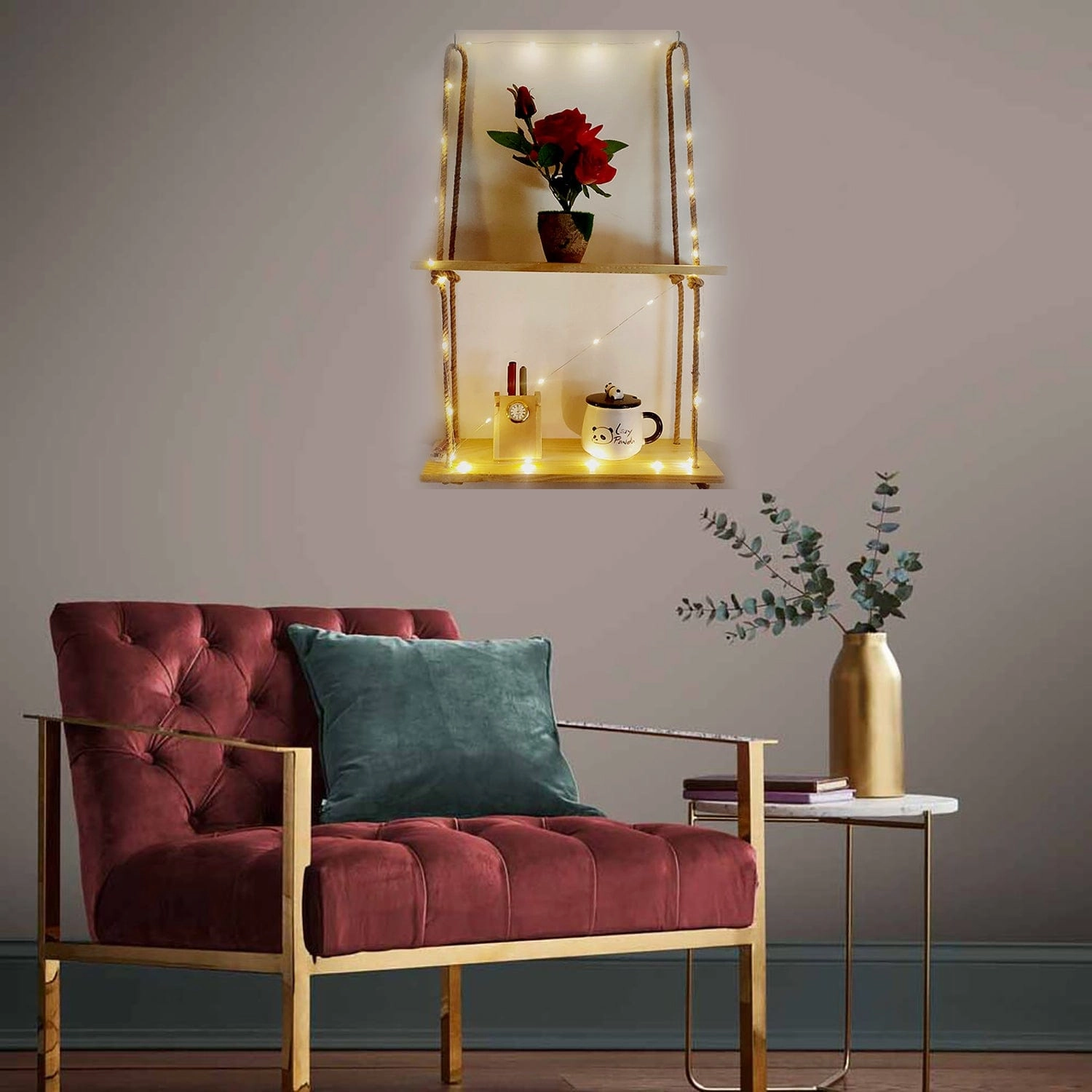 Tier-2 Wood Brown Wall Hanging Shelf With LED Light