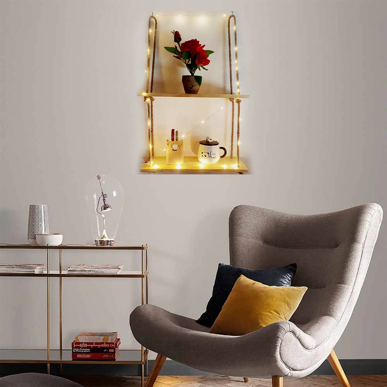 Tier-2 Wood Brown Wall Hanging Shelf With LED Light